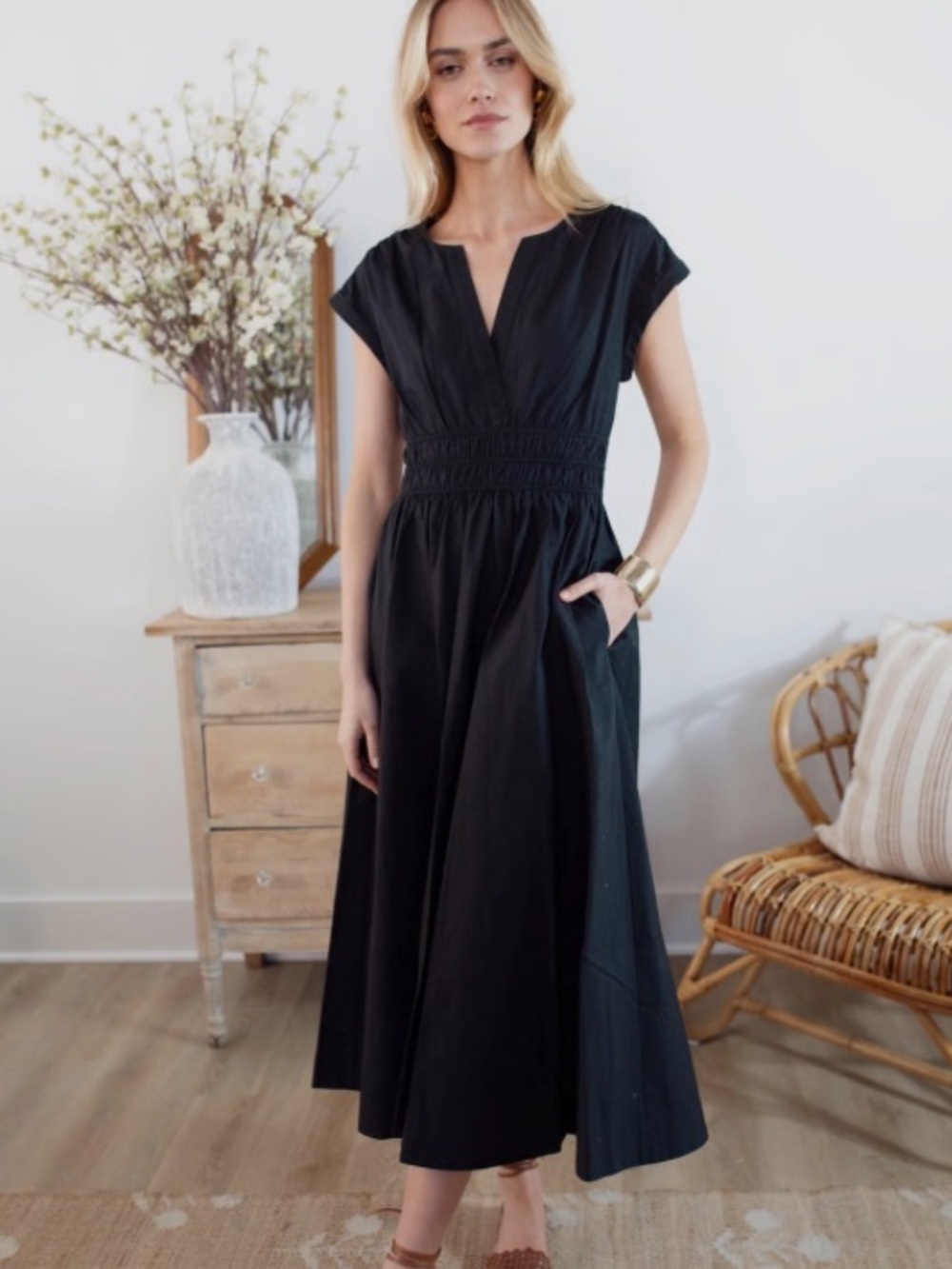 Marea by Liz Joy Clara Dress Navy Blue Cotton Poplin Midi Dress Size Large